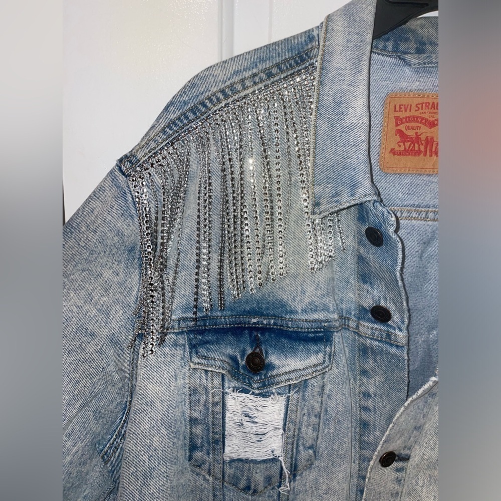 LEVIS Western rhinestone fringe trucker denim jean jacket 🪩 3XL Festival - Picture 4 of 14